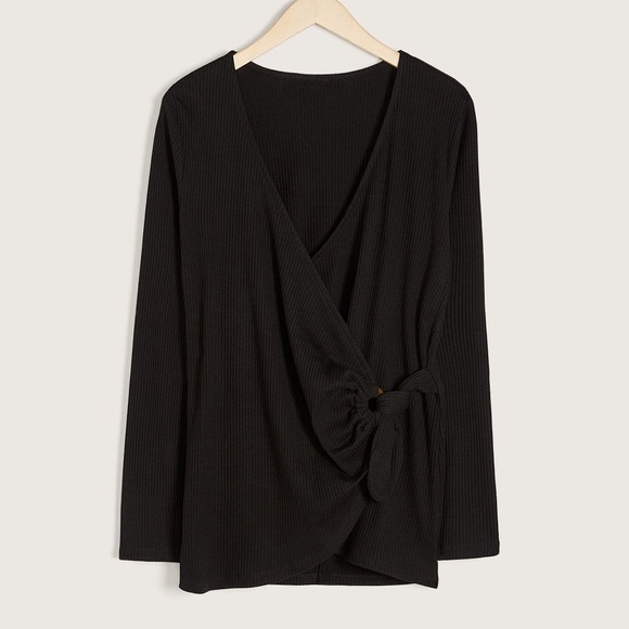 ADDITION ELLE - Tie-Front, D-Ring Ribbed Black Top - Picture 5 of 12